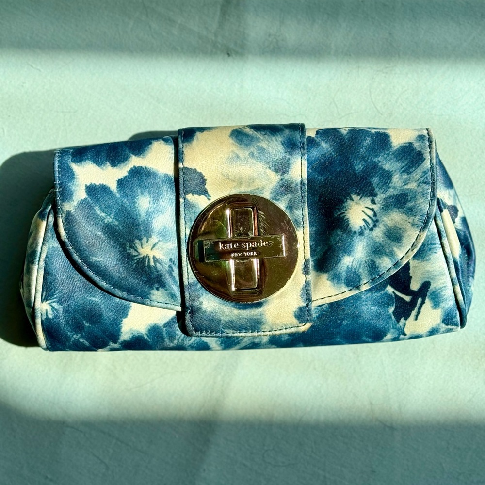 Kate Spade Navy and Cream Floral Watercolor Silk Clutch